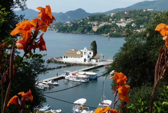 view from Kanoni to "mouse island" (greek: pontikonisi)